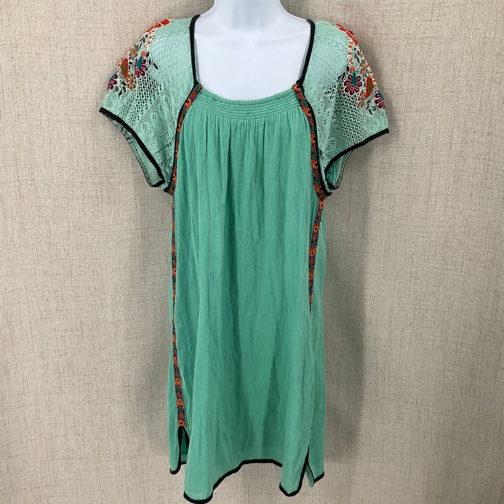 Double D Ranch Tunic Dress Women L Green Cotton Boho Floral Embroidered Western
